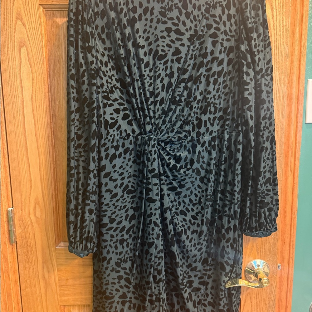 DKNY Dark Green Animal Print Long Sleeve Dress